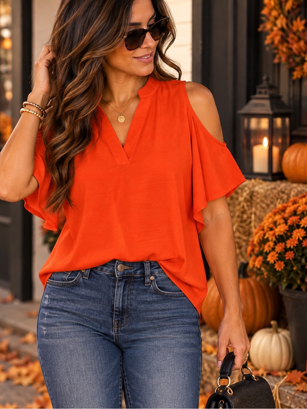 Timing Women's Cold-Shoulder V-Neck Blouse in Orange